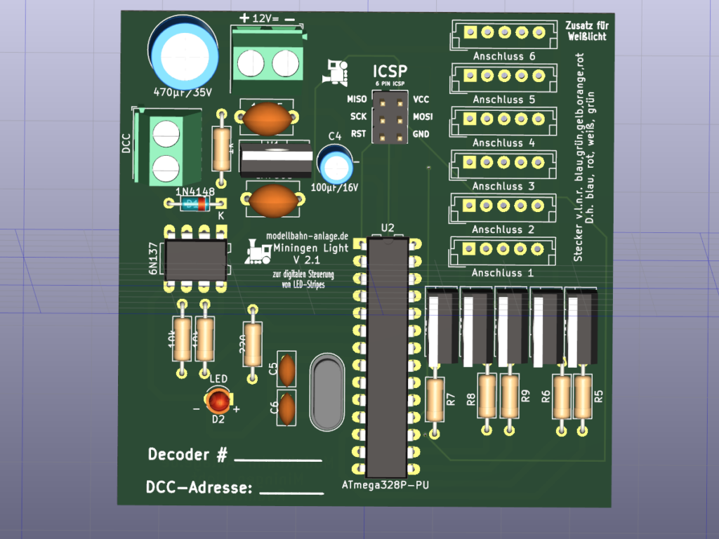 Miningen-Light LED Light-Strip DCC Decoder für das Raumlicht auf der Modellbahn (Front-Ansicht)